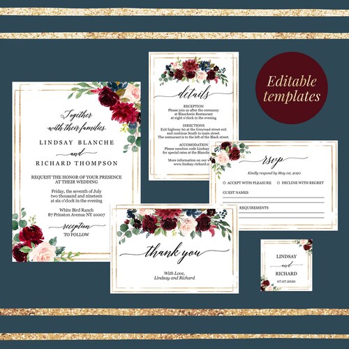 Burgundy Wedding Invitation Instant Download Printable Rose - Etsy