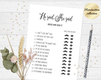 Fun bridal shower game printable, Fun bachelorette party game, He said she said, Bridal shower game Who said it, He or she, Instant Download