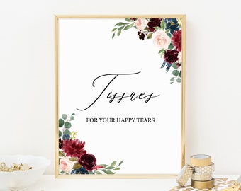Wedding tissues sign printable, For your happy tears, Wedding hankies, Tears of joy sign, Marsala burgundy wedding ceremony sign download