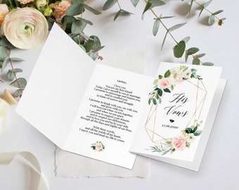 Personalized vow books set, Custom printable vow booklet keepsake, His and Her wedding vows template, Floral blush peach greenery gold cards