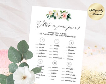 What's in your purse bridal shower game, Printable bridal shower purse game, What's in your bag, Blush bridal shower game cards 5x7 download