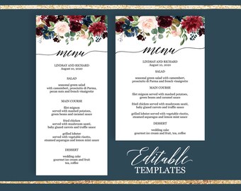 Bridal shower menu template, Editable printable menu card, Burgundy wedding menu template, Instant download, Winter boho floral menu card