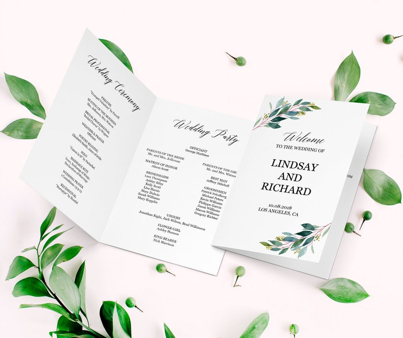 Custom elegant wedding program Instant download PDF Greenery wedding ceremony program template editable printable Wedding program template