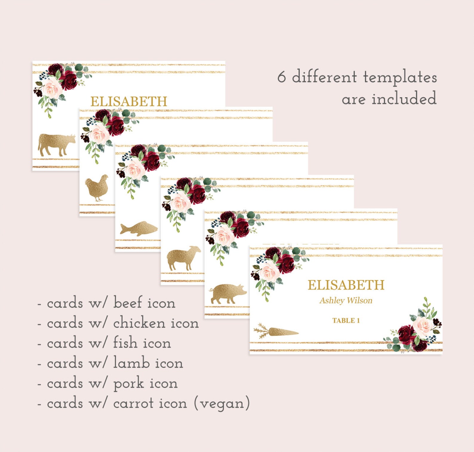 Wedding Place Cards With Meal Choice Template Editable Etsy