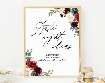 Date night ideas sign and cards, Burgundy navy blush wedding date night cards, Fall marsala bridal shower signs, Printable template download