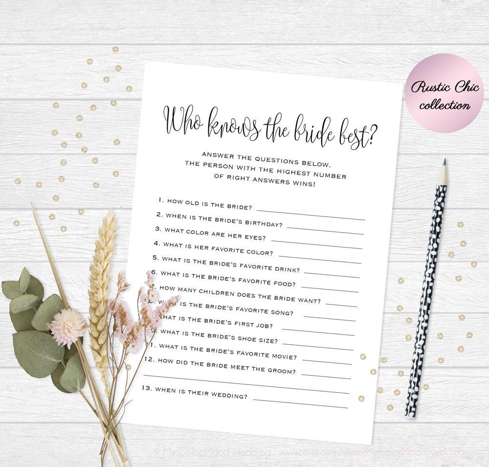 Who knows the bride best question game Printable bridal | Etsy