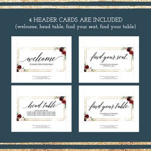 Burgundy floral wedding seating chart template editable, 4x6, 5x7 table seating arrangement cards, Blush navy gold hanging table plan cards image 4