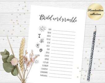 Unique funny bridal shower game, Tea party game, Bridal word scramble game, Wedding word scramble, Printable bridal shower scramble game 5x7