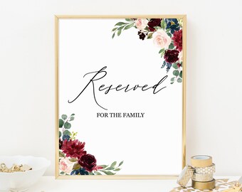 Reserved table sign, Printable template, Wedding reserved sign for table, Reserved bridal party, Burgundy blush greenery, Instant download