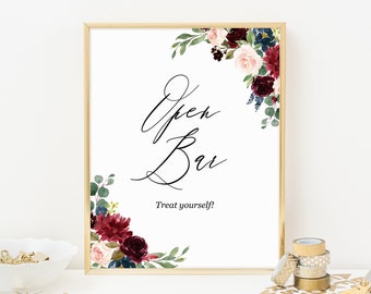 Open bar sign, Wedding printable template download, Open bar template, Boho bridal shower, Elegant floral burgundy marsala wedding bar sign