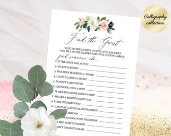 Find the guest bridal shower game, Printable wedding shower game, Icebreaker game, Floral peonies roses bridal shower game, Instant download