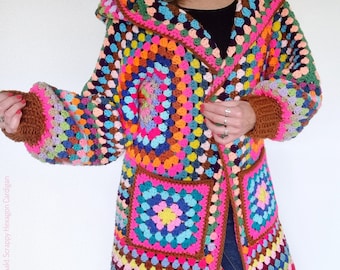 US & NL Crochet Pattern Scrappy Hexagon Cardigan by Annah Haakt | Hooded Jacket | Hoody Vest | Boho | Retro | Hippie