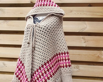 US & NL Crochet Pattern Granny Hooded Poncho Vest | Optional Sleeves and Hood |  Boho Style | Hooded Shawl