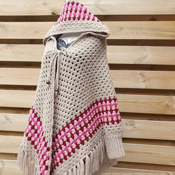 US & NL Crochet Pattern Granny Hooded Poncho Vest | Optional Sleeves and Hood |  Boho Style | Hooded Shawl