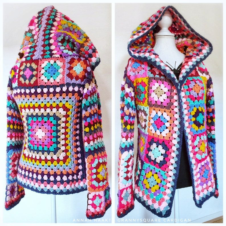 US & NL Crochet Pattern Grannysquare Cardigan Boho Retro Hippie Jacket Vest image 2