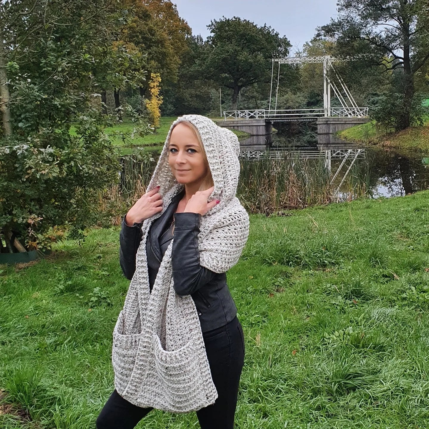 US & NL Crochet Pattern Cozy Hooded Pocket Shawl by Annah