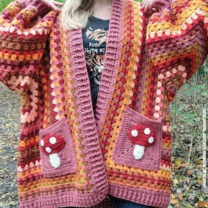 US & NL Häkelmuster Mushroom Hexa Cardi *ohne Kapuze* von Annah Haakt | Boho | Retro | Hippie | Jacke | Weste | Strickjacke