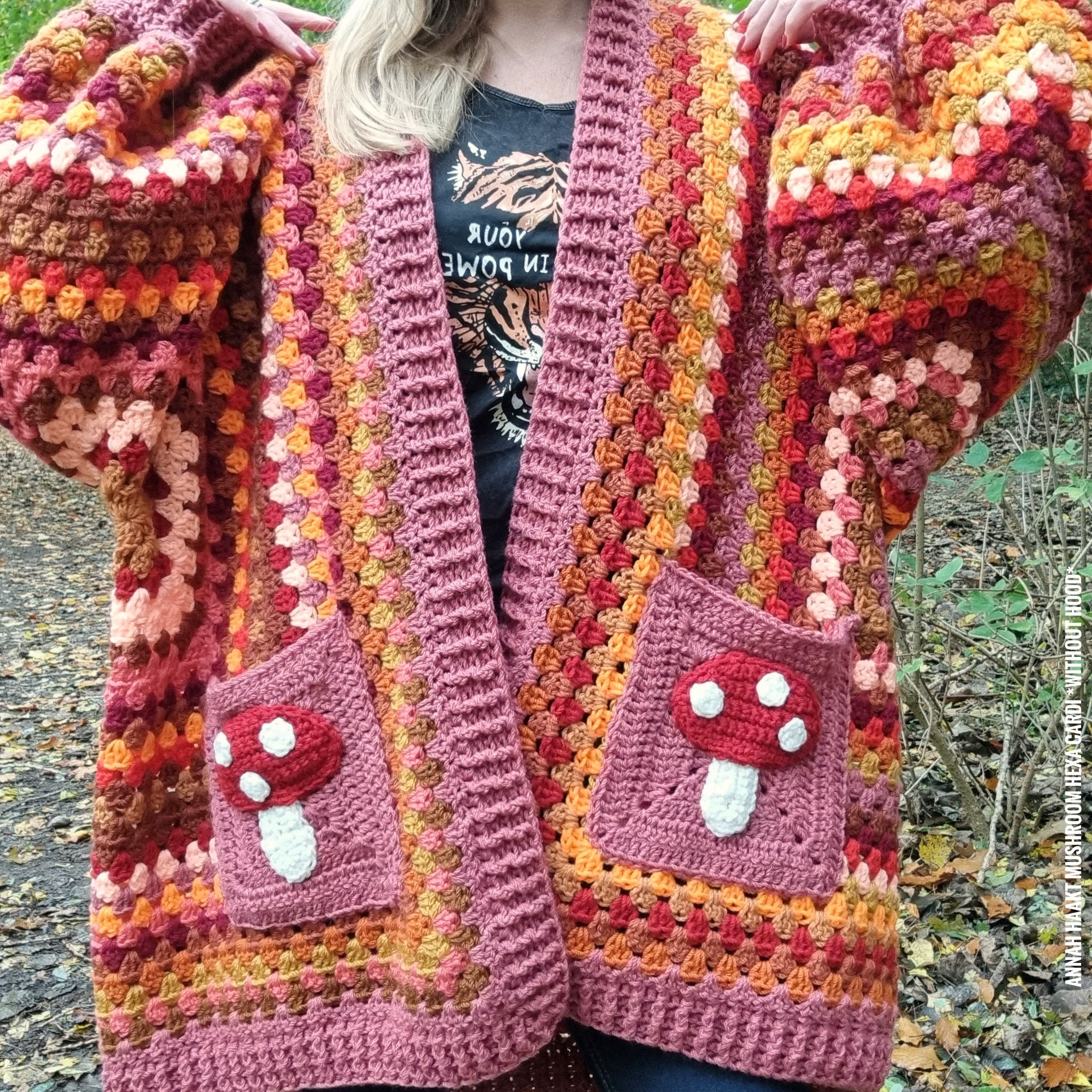 US & NL Häkelmuster Mushroom Hexa Cardi *ohne Kapuze* von Annah Haakt | Boho | Retro | Hippie | Jacke | Weste | Strickjacke