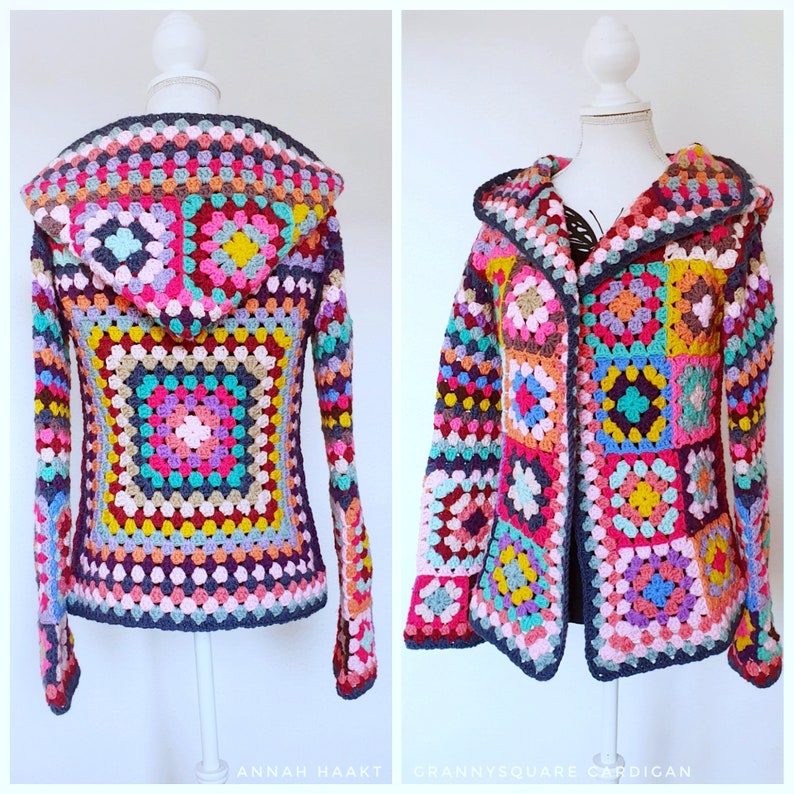 US & NL Crochet Pattern Grannysquare Cardigan Boho Retro Hippie Jacket Vest image 4