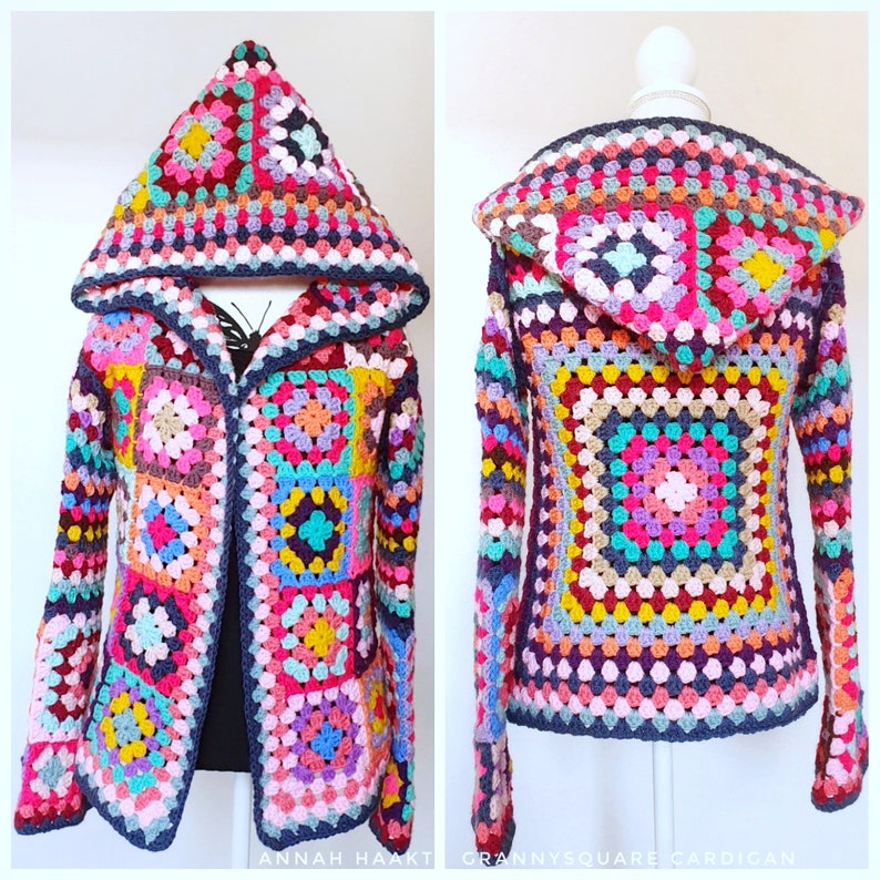 US & NL Crochet Pattern Grannysquare Cardigan Boho Retro Hippie Jacket Vest image 1