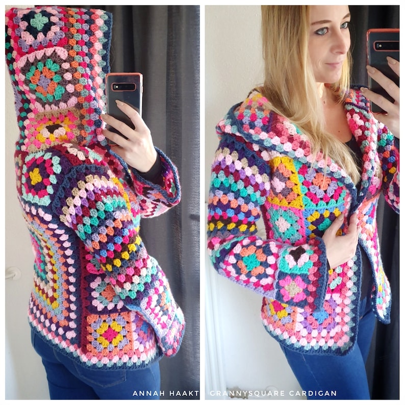 US & NL Crochet Pattern Grannysquare Cardigan Boho Retro Hippie Jacket Vest image 5