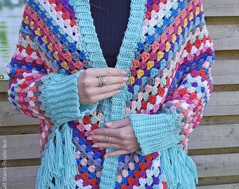 Patrón de crochet para poncho de abuela (EE. UU. y Países Bajos) | Estilo bohemio ibicenco | Chal con mangas opcionales