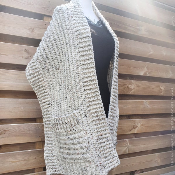 US & NL Crochet Pattern XL Tweed Pocket Shawl by Annah Haakt | Perfect Christmas Gift