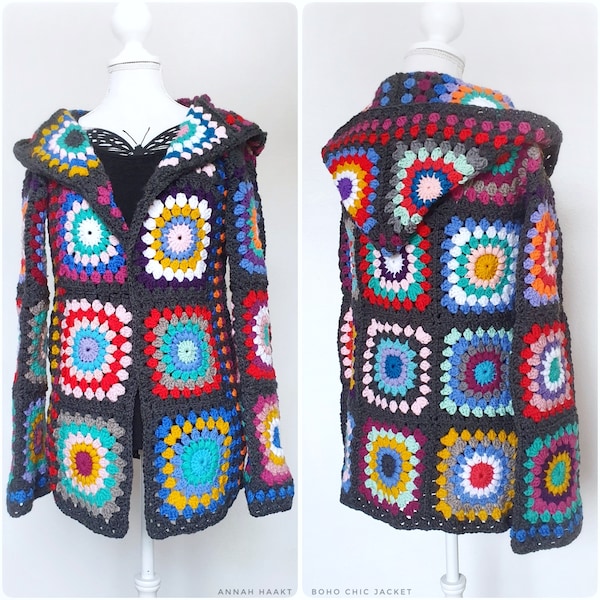 US & NL Crochet Pattern Boho Chic Jacket | Grannysquare | Retro | Hippie | Cardigan | Vest