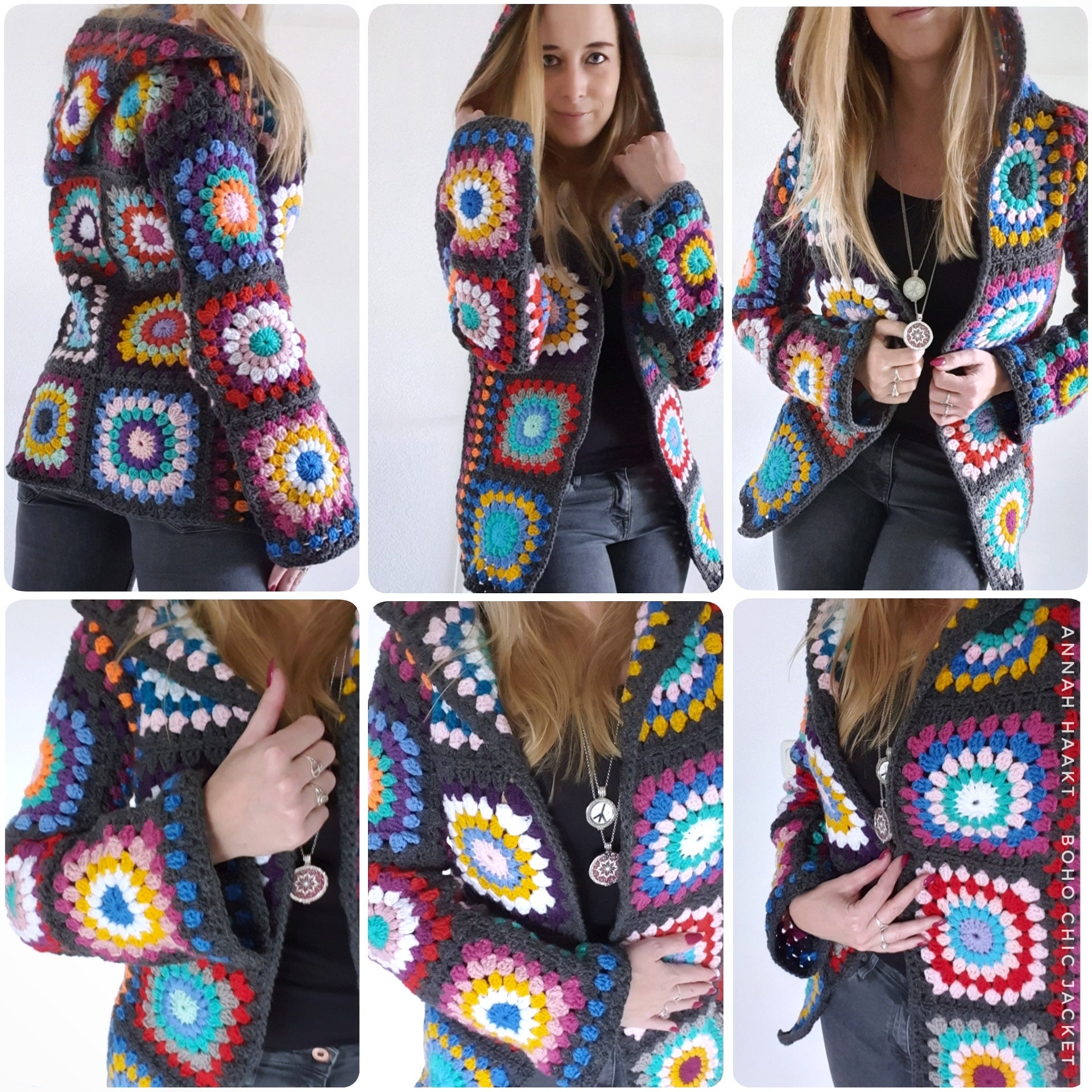 さらに100円引き◆KIRSH◆BOHEMIAN CHECK PATTERN COAT US & NL Crochet Pattern Boho Chic Jacket | Grannysquare