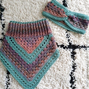 May include: A teal, purple, and brown crocheted cowl and headband set. The cowl is a triangle shape and the headband is a simple band.