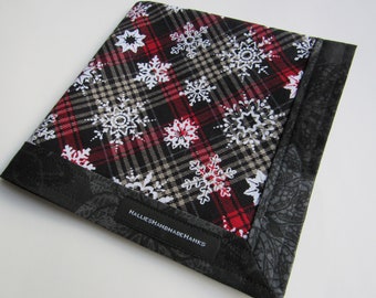 EDC Holiday Hank Red and Black Plaid with Snowflakes and Poinsettias Gift for Him Gift for Her Stocking Stuffer Pocket Handkerchief