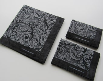 NEW! EDC Hank Black and Gray Scroll Fabric Classic Handkerchief Your Choice of Fabrics and Sizes