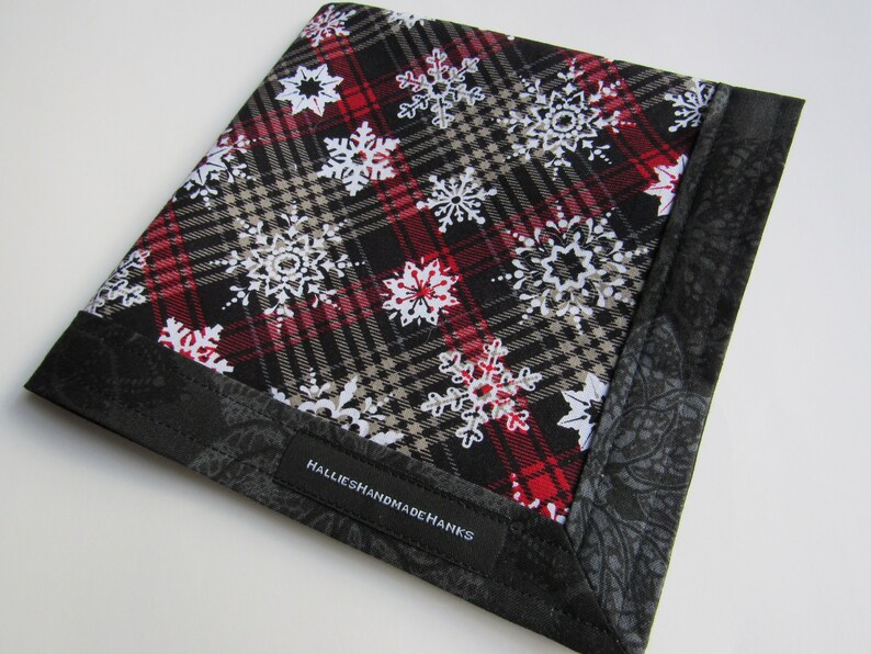 EDC Holiday Hank Red and Black Plaid with Snowflakes and Poinsettias Gift for Him Gift for Her Stocking Stuffer Pocket Handkerchief