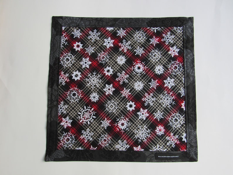 EDC Holiday Hank Red and Black Plaid with Snowflakes and Poinsettias Gift for Him Gift for Her Stocking Stuffer Pocket Handkerchief