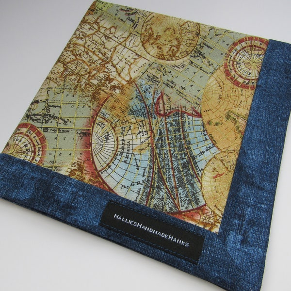 Last Quantity! EDC Hank Map of the World Globe Hank Ocean Blue Men's Handkerchief Women's Handkerchief Gift for Traveler