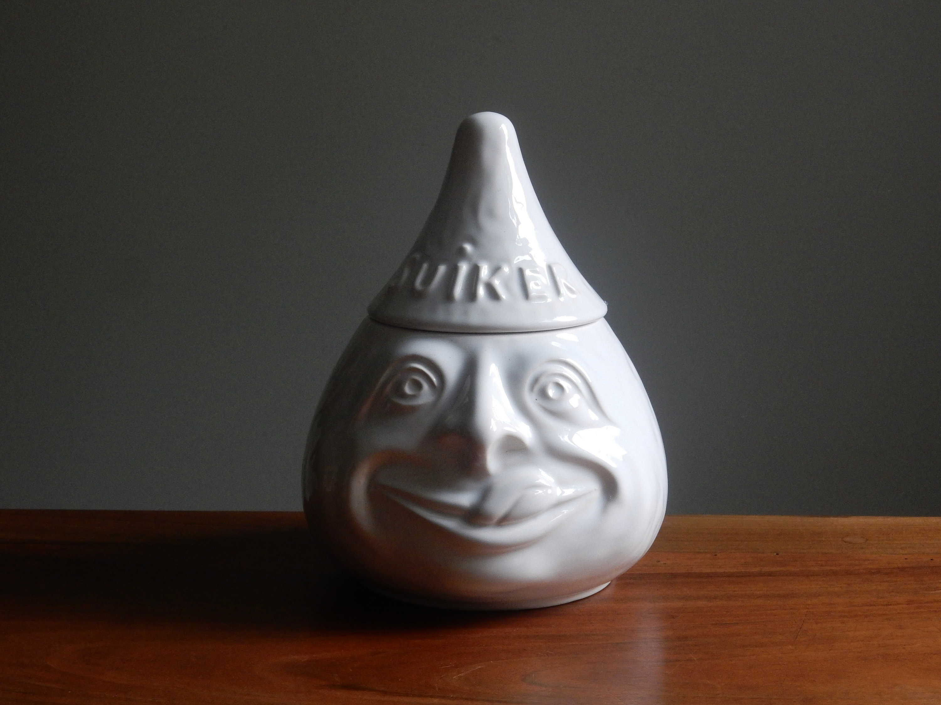 Pot à Sucre Anthropomorphe Tête d'oignon en Céramique Blanche Fabriqué Hollande