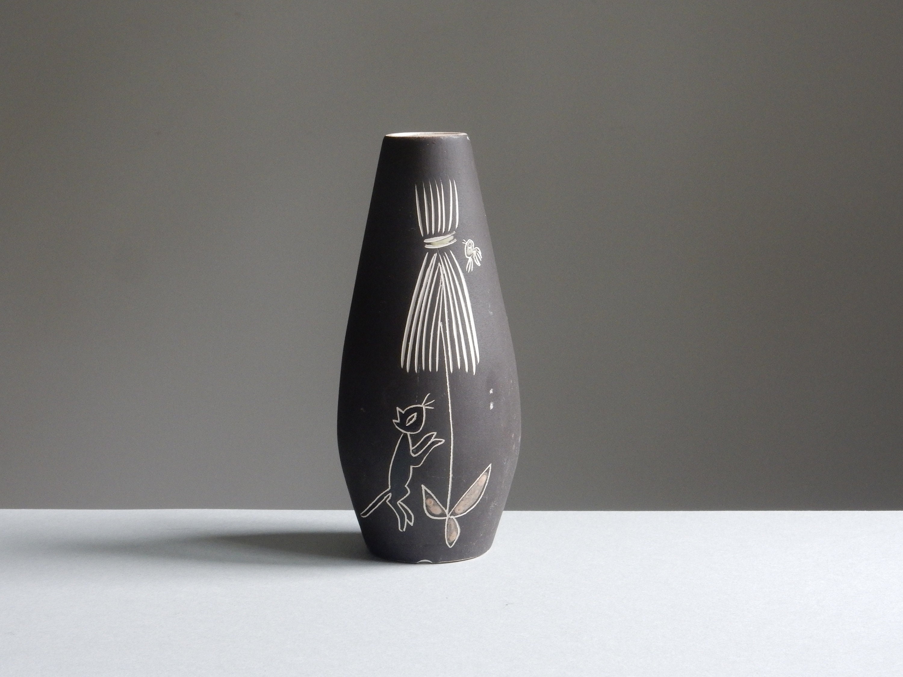 Vase Noir Motif Chat Des Années 60/Pays-Bas