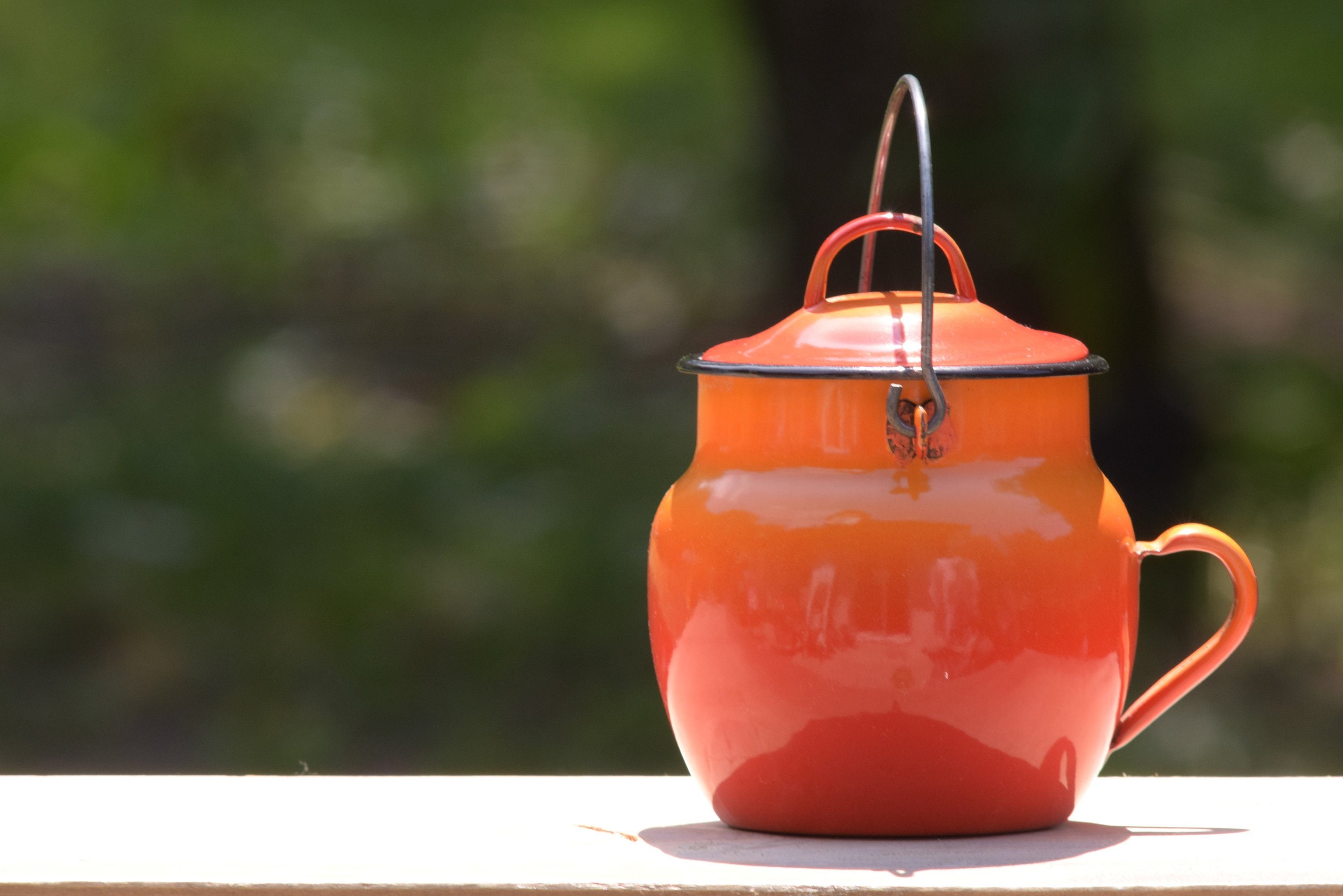 Pot en Émail Orange/Pot à Une Anse Rangement Cuisine Marmite Métal Émaillé France Déco Orange