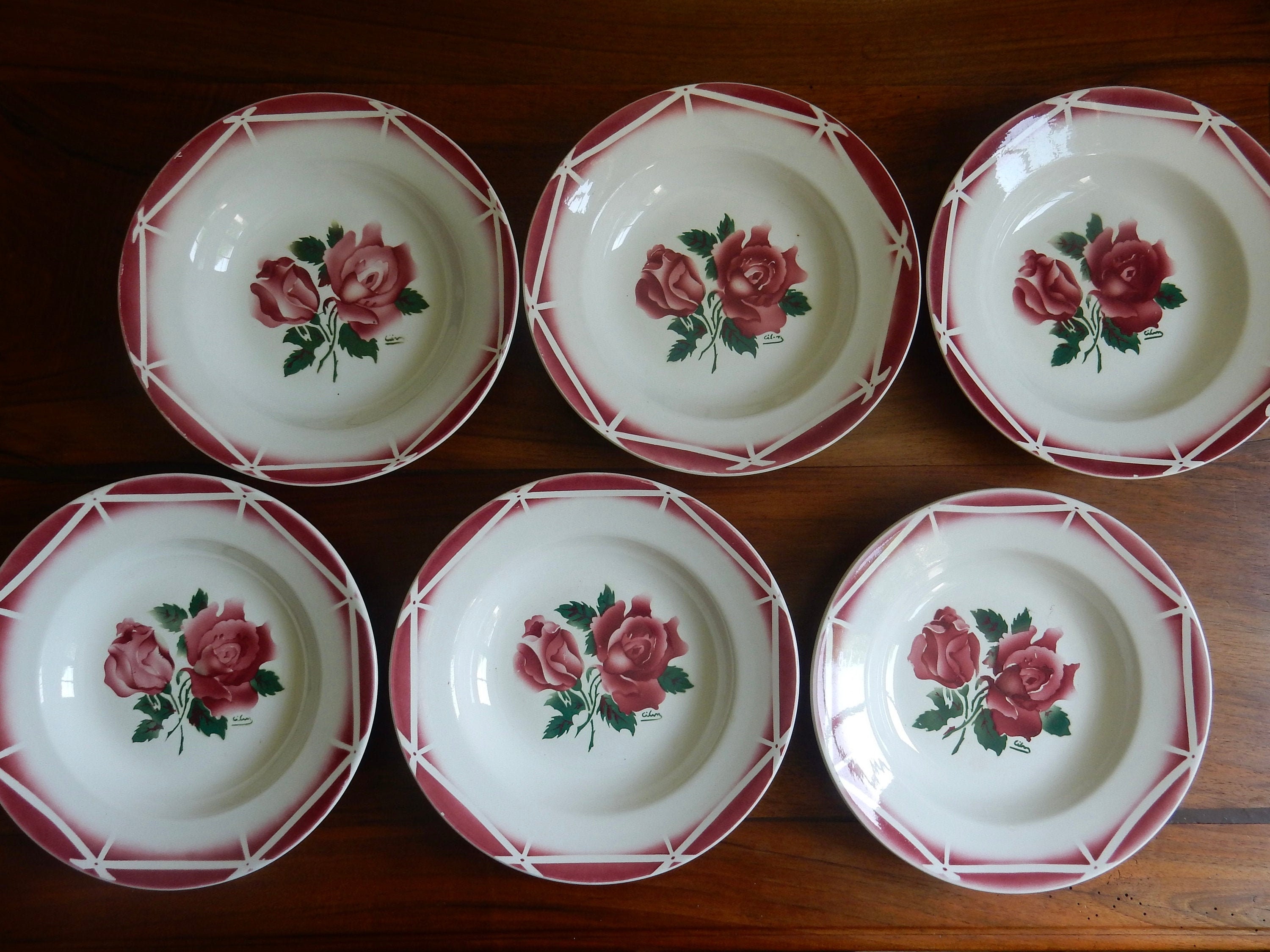 6 Assiettes Creuses Digoin Sarreguemines/Motif Cibon Rose Rouge Fabriquées en France Céramique Count