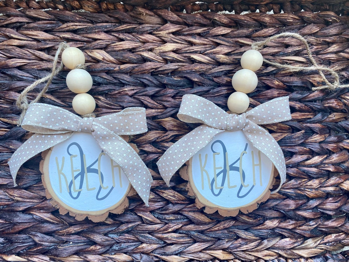 Monogrammed Wood Ornament Monogrammed Ornament Beaded Wood Etsy Canada