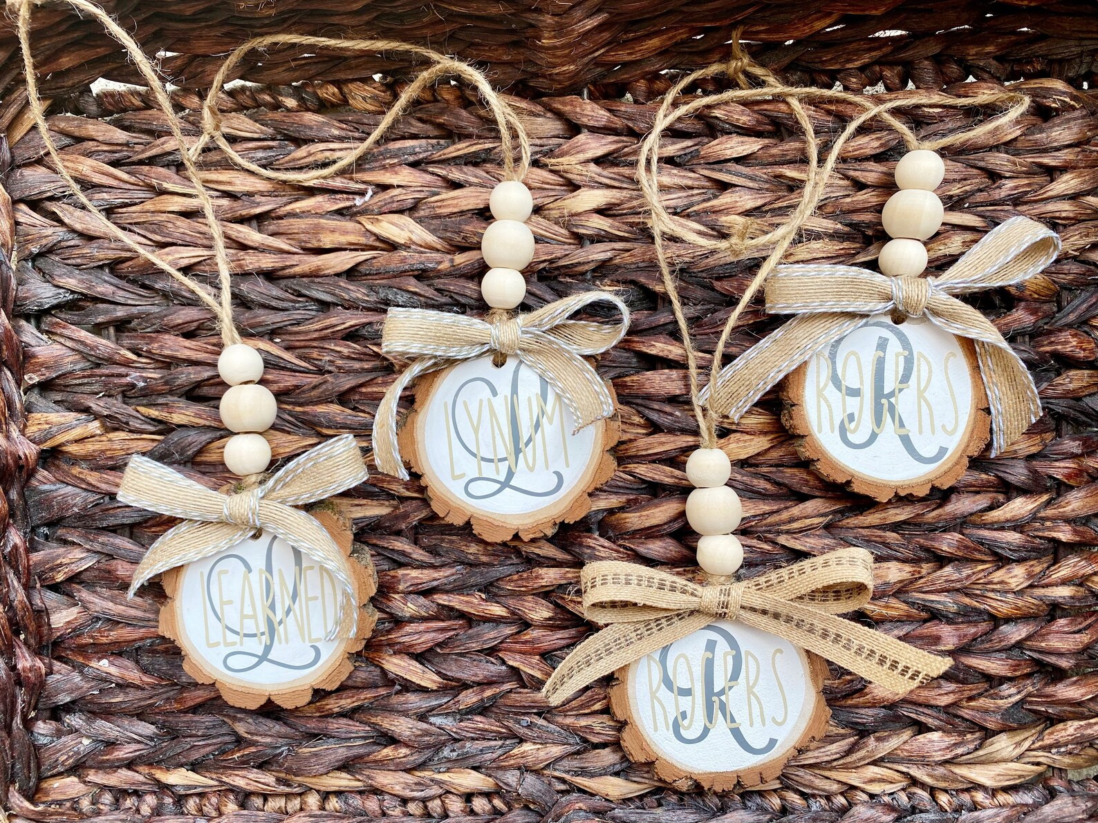 Monogrammed Wood Ornament Monogrammed Ornament Beaded Wood Etsy Canada