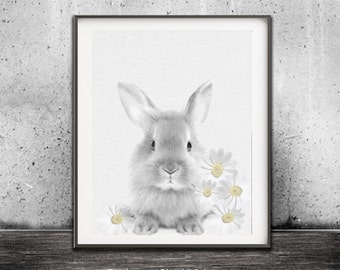 Bunny Print Rabbit Print Baby Room Decor Cute Animal Print Instant Download Printable Flower Art Digital Print Nursery Art Daisy Print Kids