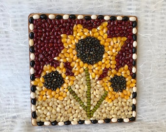 Sunflower mosaic, beans and seeds, folk art sunflower, bean art, yellow and black flowers, popcorn flowers, yellow and red, mothers day gift