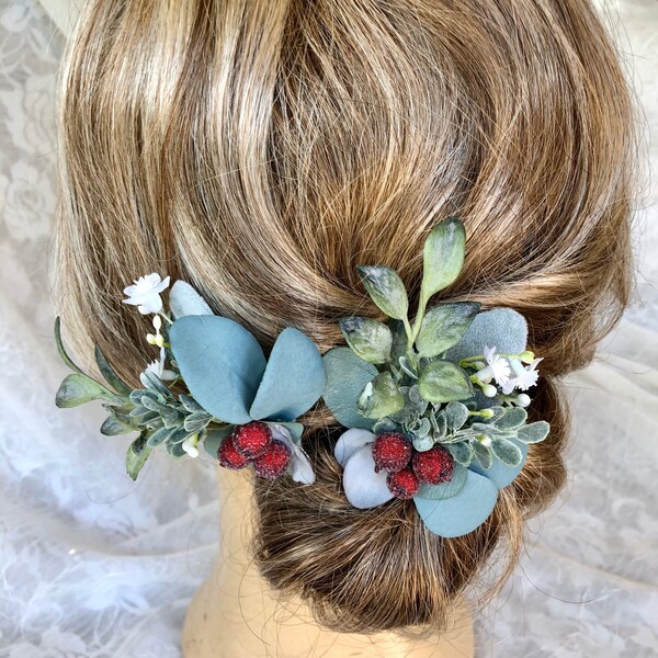 Winter eucalyptus hair pin,red berries,white flowers,dusty green,winter wedding hair accessory,Christmas,flower girl eucalyptus,bridesmaid