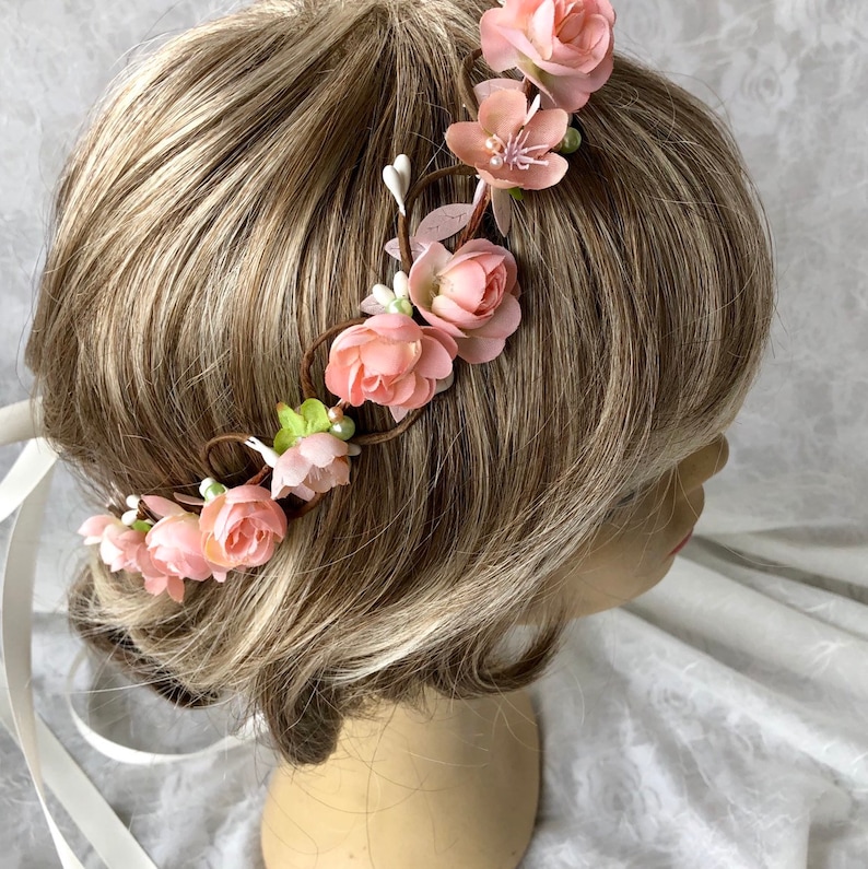 Blush bridal crown,pale peach flowers,blush and mint green,simple floral hair vine,blush and pearls,garden wedding,spring flowers,boho halo