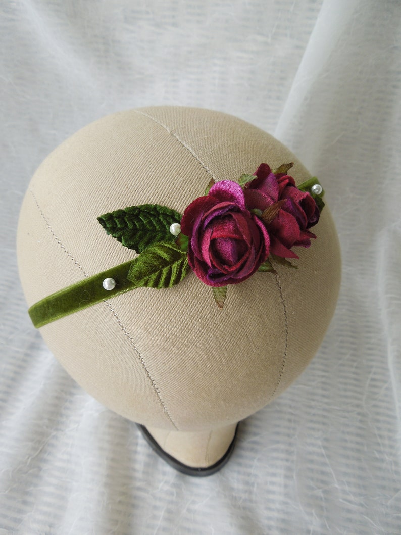 Toddler wedding headpiece,newborn burgundy rose tie back,toddler velvet head band,vintage inspired infant tieback,pink rose baby photo prop
