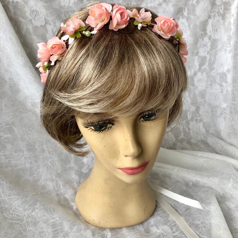 Blush bridal crown,pale peach flowers,blush and mint green,simple floral hair vine,blush and pearls,garden wedding,spring flowers,boho halo