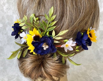 Sunflower hair piece, navy bride, sunflower and blue wedding head piece, yellow and blue bridal clip, summer wedding, blue and yellow hair