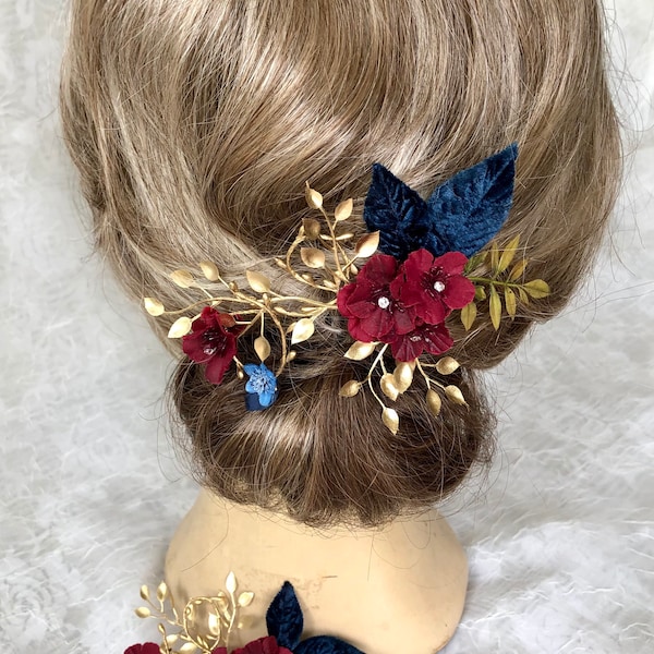 Navy and burgundy hair piece, gold and burgundy, wine and navy hair clip, burgundy navy wedding clip, delicate, crystals, mother of bride