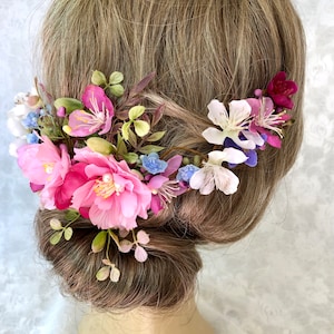Pink floral hair piece, bridal hair clip, dainty half crown, pink and blue, magenta and pearl beads, brides head piece, wildflowers hair